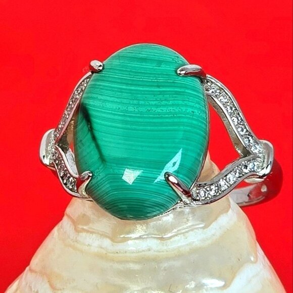 925 Sterling Silver Ring Sz 8.5 with Natural Malachite & CZ - Picture 1 of 15